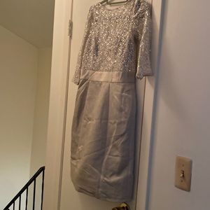 Silver sequined dress with sequined sparkly top and sparkle cloth on the bottom